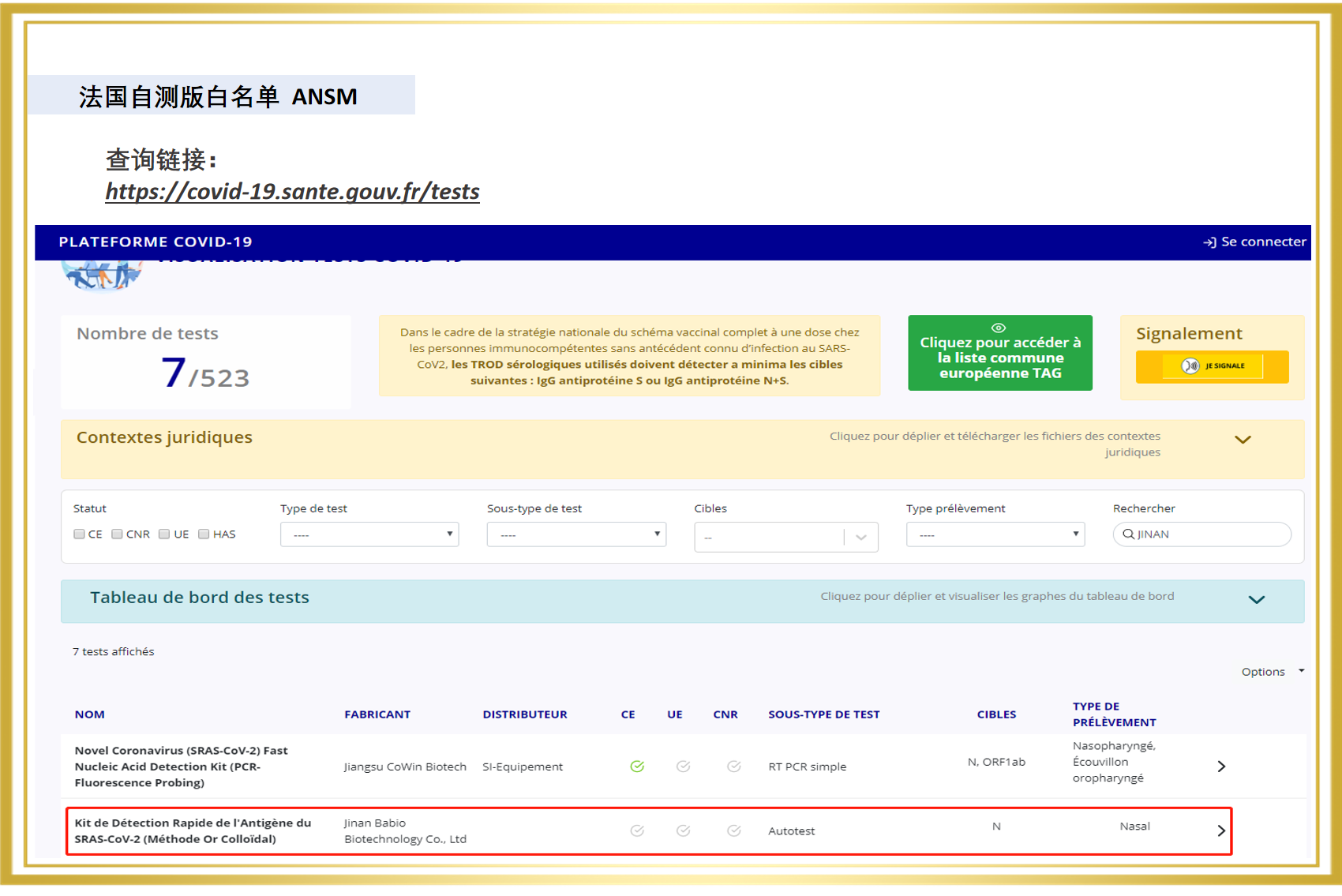 Fransız beyaz listesi aracılığıyla Baibo biyolojik antijen kendi kendini test eden ürünler